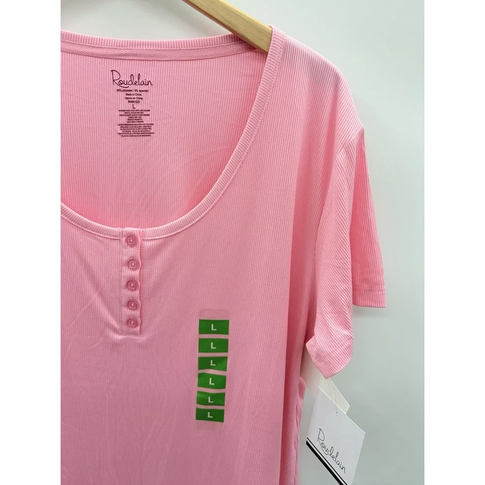 Roudelain Womens Large Short Sleeve Ribbed Henley Sleep Shirt Orchid Pink 895